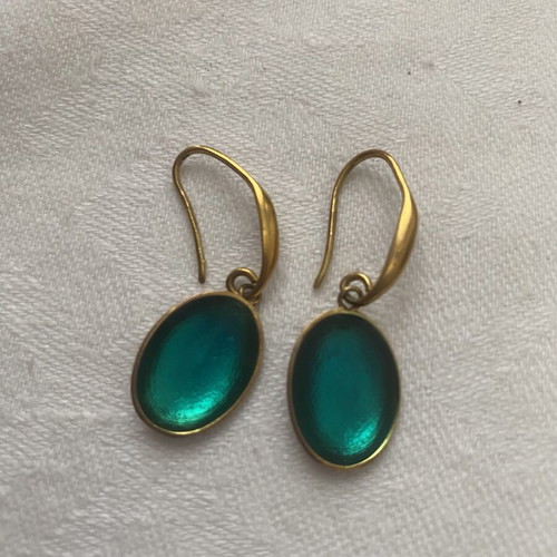 Gold-tone earrings with oval turquoise enamel, like new, handmade vintage style