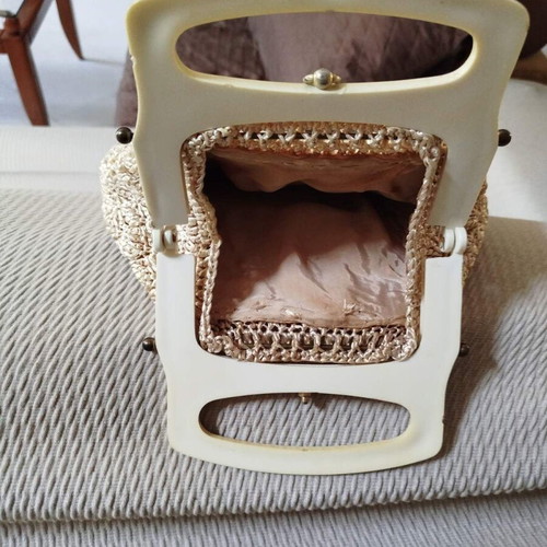 Vintage 60's handbag used, beige with plastic handle