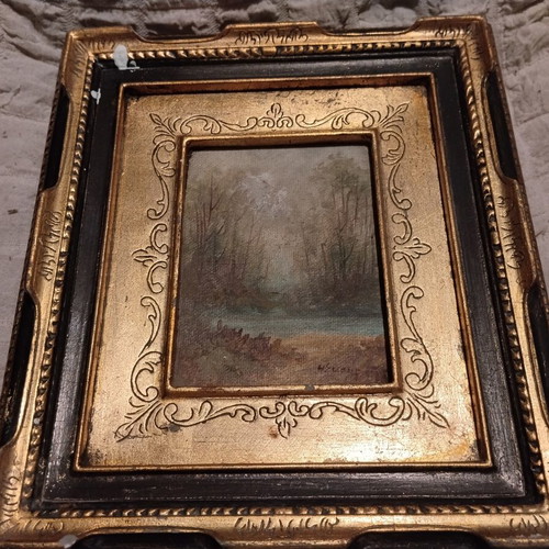 Oil painting by G. Skourlis used, miniature landscape in ornate vintage frame