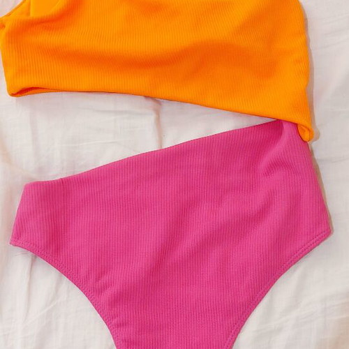 Monokini swimsuit new, color-block fuchsia and orange one-shoulder cutout