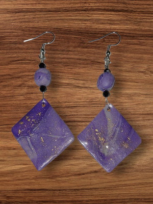 Handmade earrings new with clay and gold leaf, purple and gold