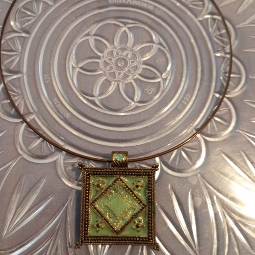 Large square enamel pendant used, bronze