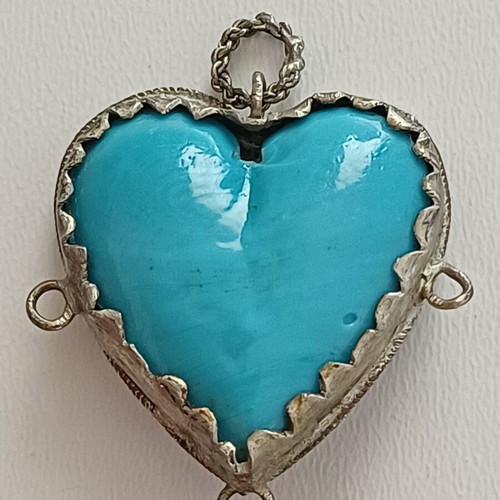 Antique Heart Amulet with Natural Turquoise and Silver, used, rare ex-voto