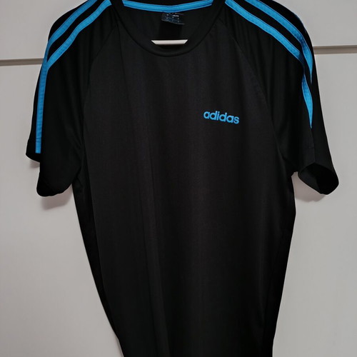 Adidas black sports shirt, size M, blue stripes