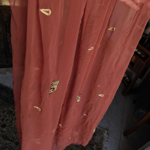 Long brown scarf used with embroidered elephants and paisley