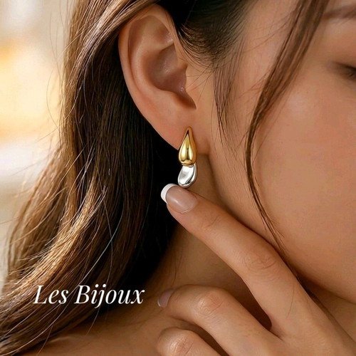 Steel Earrings "Tear" Two-Tone Gold & Silver New