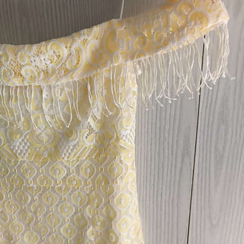 Cubic strapless cocktail dress with fringes like new, white and yellow