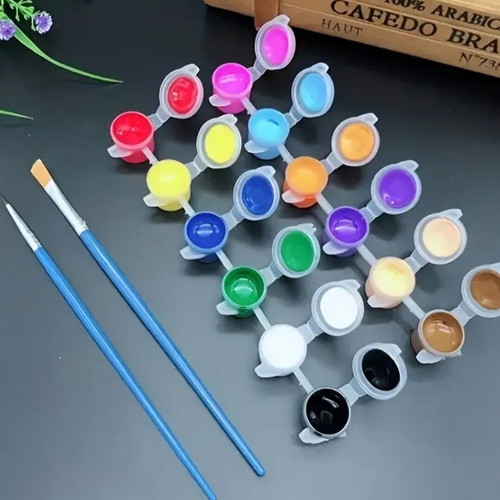 Set of 12 acrylic paints with 17 painting brushes and 2 mini palettes new