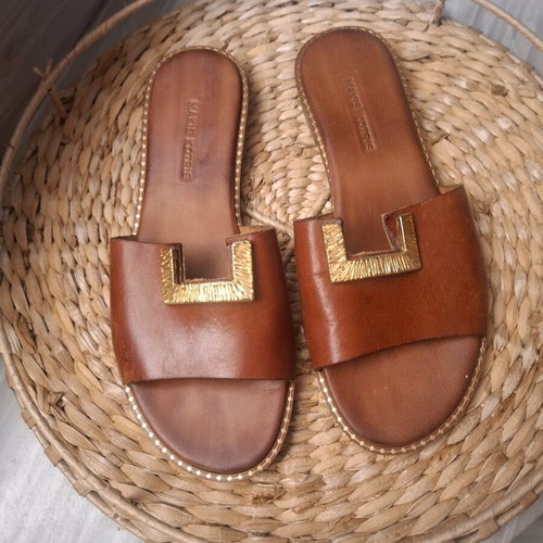 Makis Kotris flat leather sandals like new, tan with gold detail