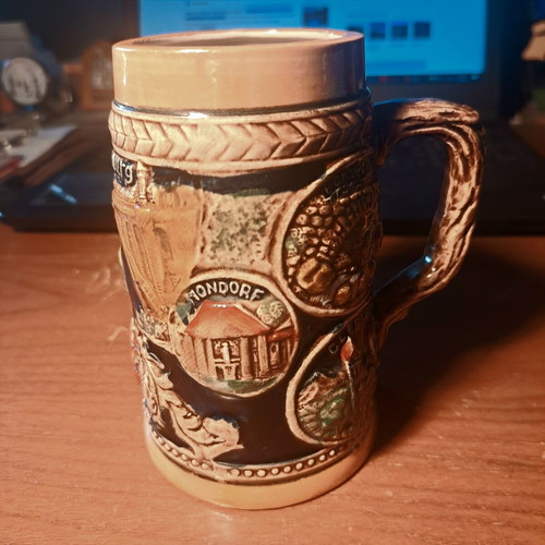 Vintage ceramic beer mug with embossed Luxembourg scenes, like new