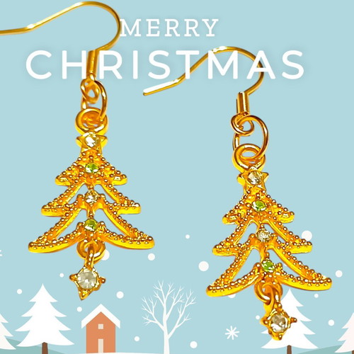 Handmade stainless steel Christmas tree earrings new with emerald and zircon