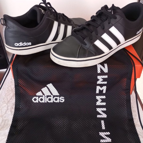 Adidas men's sneakers black with white stripes size 44 with gym sack