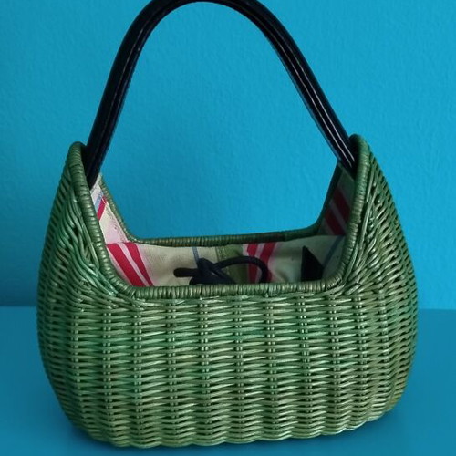 Vintage basket bag handwoven rattan with fabric pouch, like new