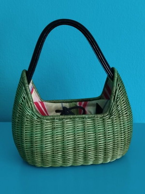 Vintage basket bag handwoven rattan with fabric pouch, like new