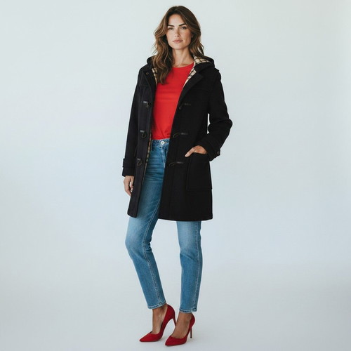 Burberry London Speciality Duffle Coating Wool Coat with Nova Check Hood