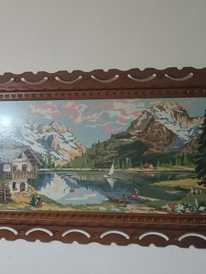 Vintage embroidered textile painting with wooden frame like new