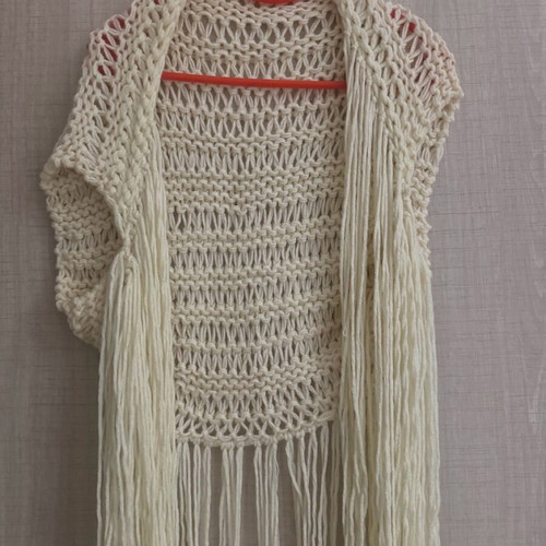 Handmade bolero vest knitted with long fringes, beige, new