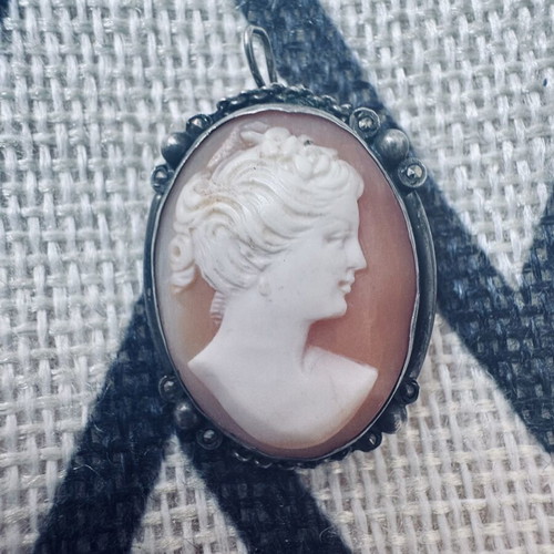 Vintage cameo pendant and brooch with silver and marcasite