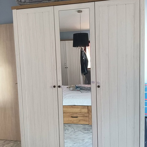 JYSK bedroom set with double bed and three-door wardrobe