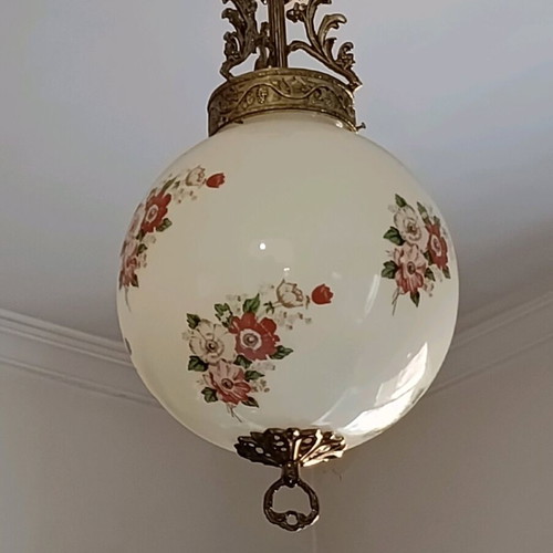 Vintage ceiling light with brass and opaline floral globe, like new