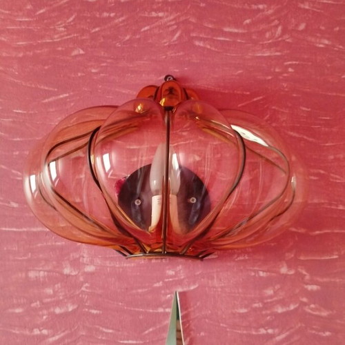 Murano blown glass wall light with brass details, amber color