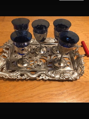 Japanese liqueur set used, 5 blue glasses with carved tray