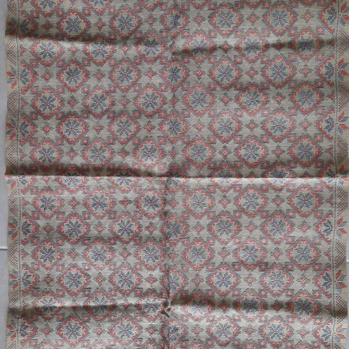 Embroidered table runner with geometric design on khaki canvas, new