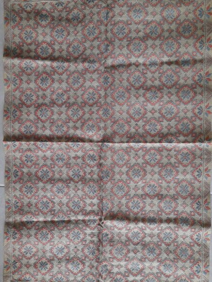 Embroidered table runner with geometric design on khaki canvas, new