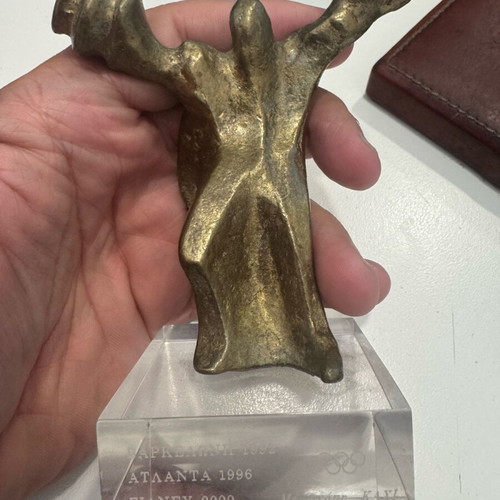 Olympic Weightlifting Commemorative Gift like new, bronze with plexiglass base