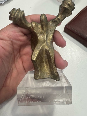 Olympic Weightlifting Commemorative Gift like new, bronze with plexiglass base