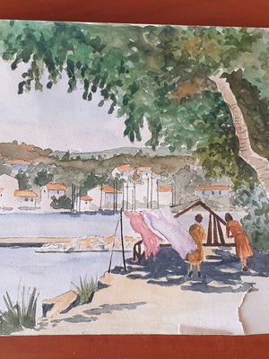 Watercolor painting used with island theme, signed E. Revi
