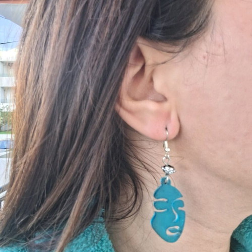 Blue liquid glass earrings with female face made to order