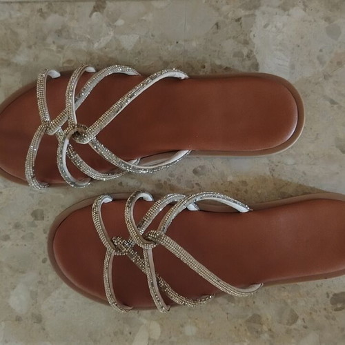Bronze leather sandals with thin straps and shiny details, size 38