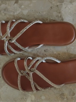 Bronze leather sandals with thin straps and shiny details, size 38