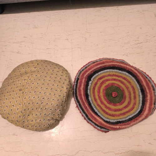 Set of 2 handmade knitted pillows used, traditional with wear