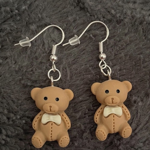 Teddy bear earrings handmade new, beige and brown