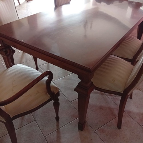Dining table with six chairs new, one chair fabric needs replacement
