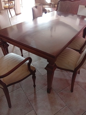 Dining table with six chairs new, one chair fabric needs replacement