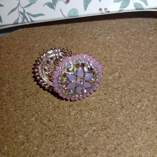 Round handmade earrings with lilac flower and rhinestones