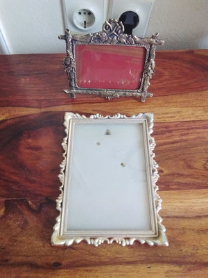 Two old photo frames used, plastic gold wall 17x12 cm and brass table 13x11 cm