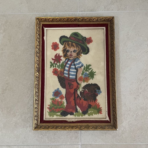 Vintage framed handmade gobelin embroidery with child and dog used