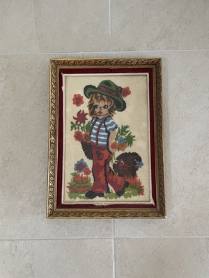 Vintage framed handmade gobelin embroidery with child and dog used
