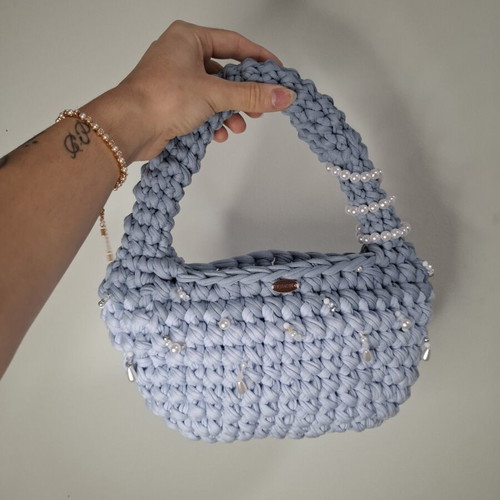Blue handmade knitted bag with pearls, new