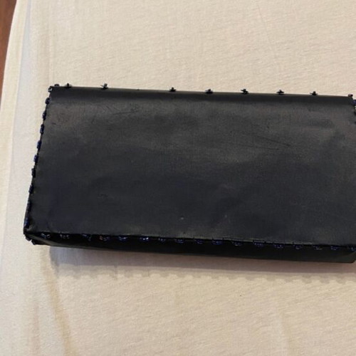 Embroidered clutch bag with beads in blue satin, like new