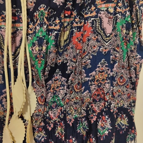 Summer dress large with elastic under bust and cord straps used, multicolor