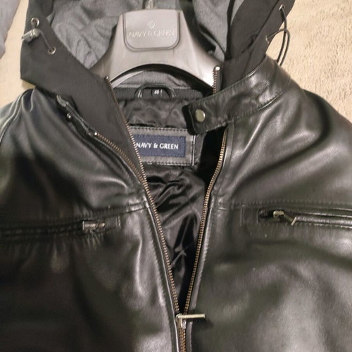 Navy & Green leather jacket like new, size 48 with detachable hood