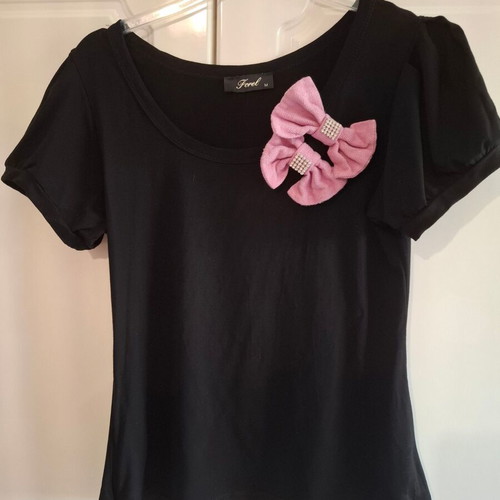 Forel black blouse like new with puff sleeves and pink tweed bows