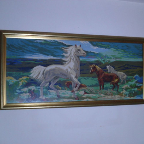Handmade embroidered painting with wooden frame, horses theme, like new