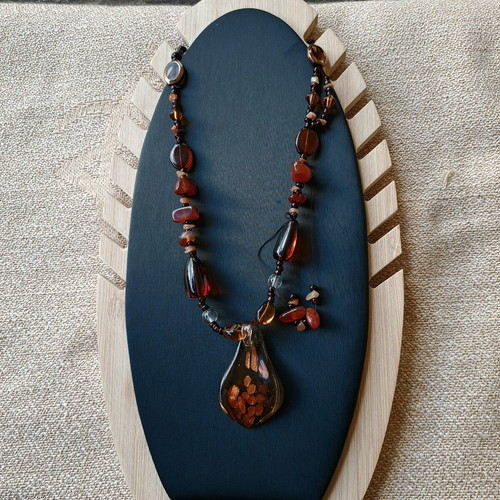 Boho handmade necklace used with glass pendant brown orange