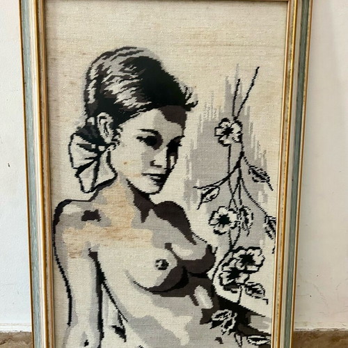 Vintage embroidery female figure used, framed